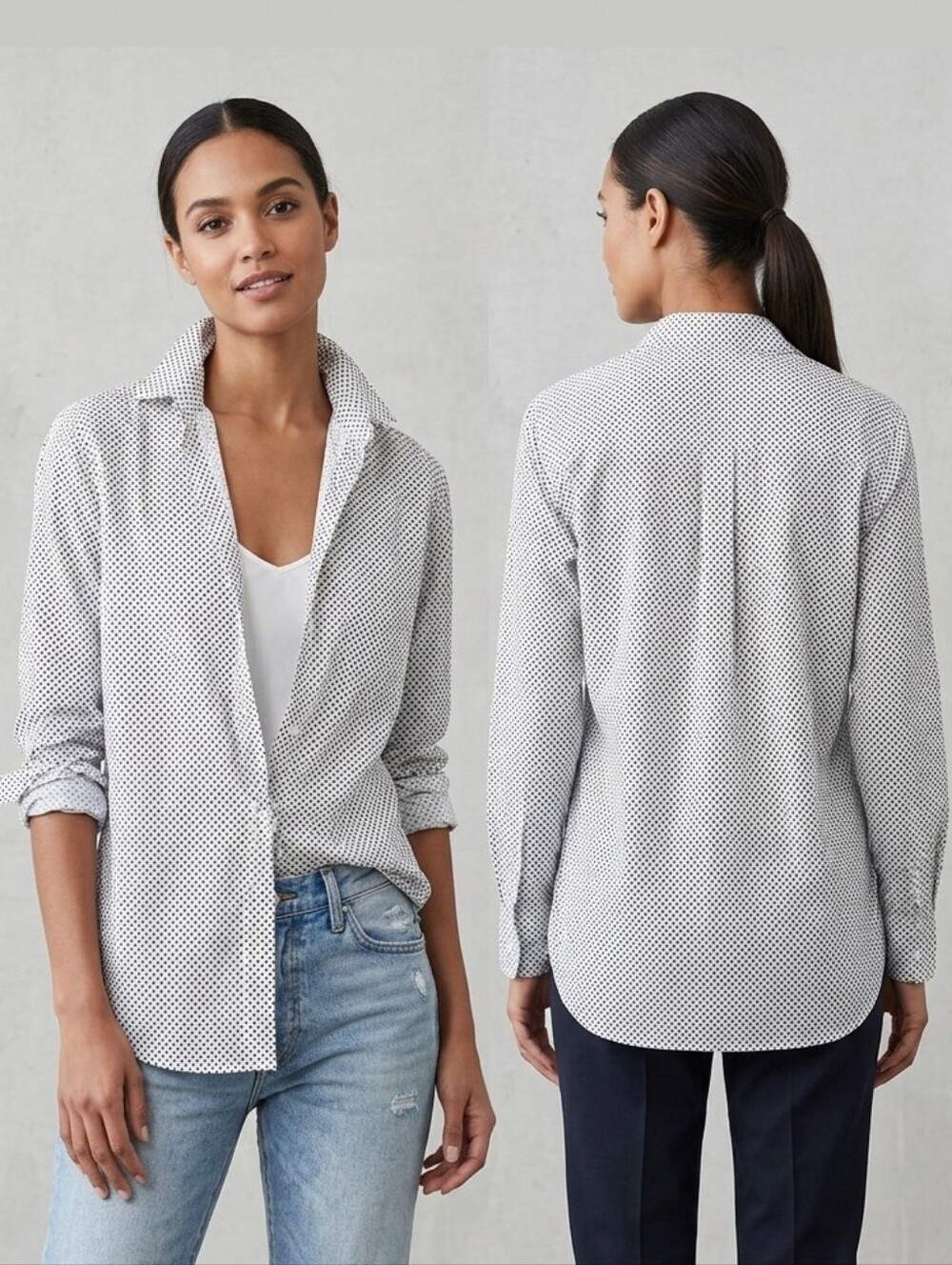 Frank & Eileen White Button-Down Shirt with Black Micro Heart Print Size S